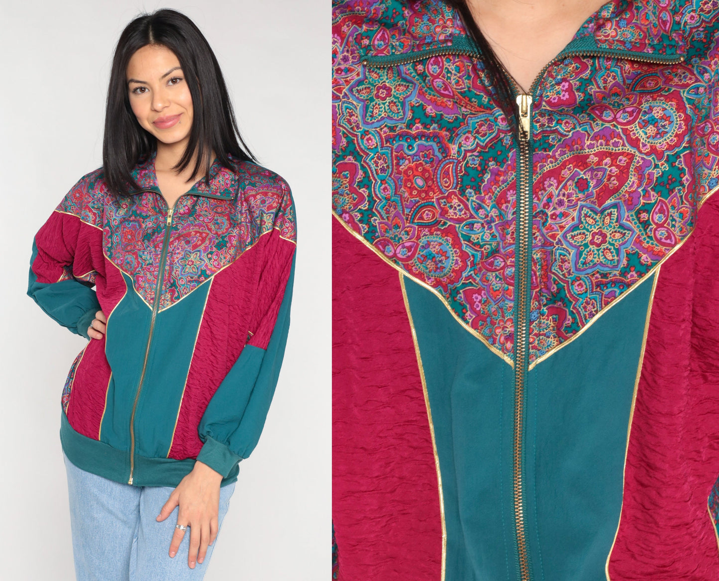 90s Floral Color Block Windbreaker Jacket Magenta Green Medium