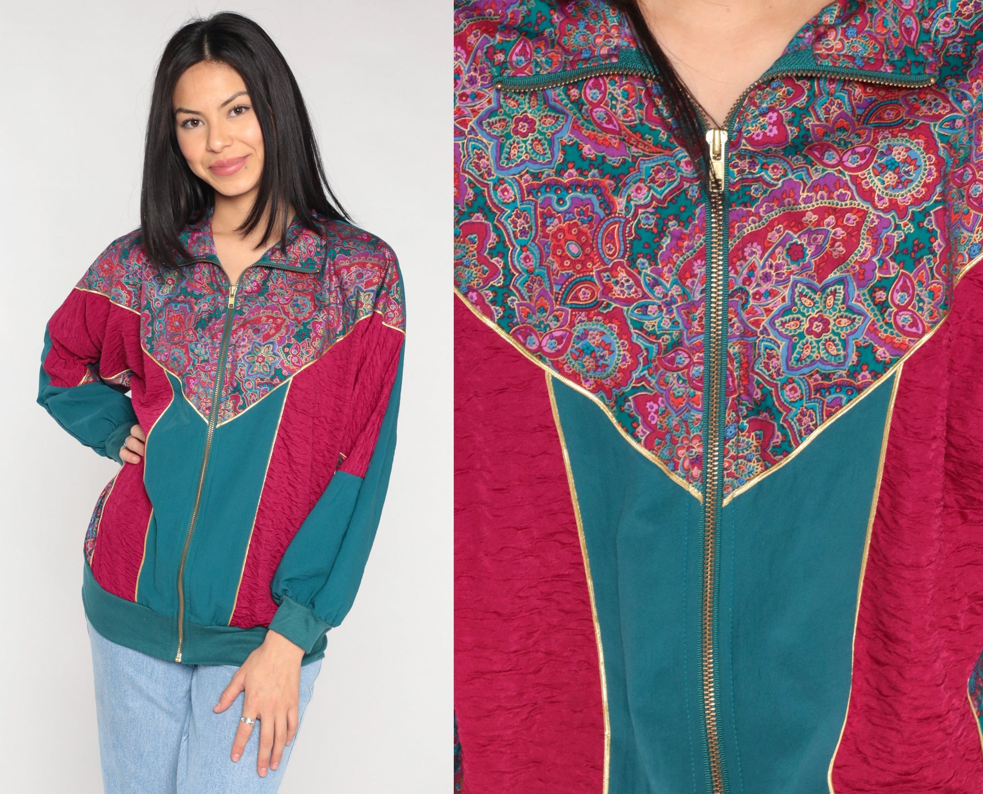 90s Floral Color Block Windbreaker Jacket Magenta Green Medium