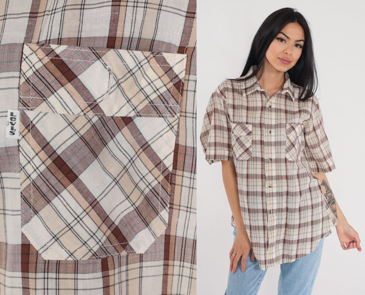 90s Levi's Plaid Button-Up Shirt Brown White Checkered Short Sleeve Men's Large