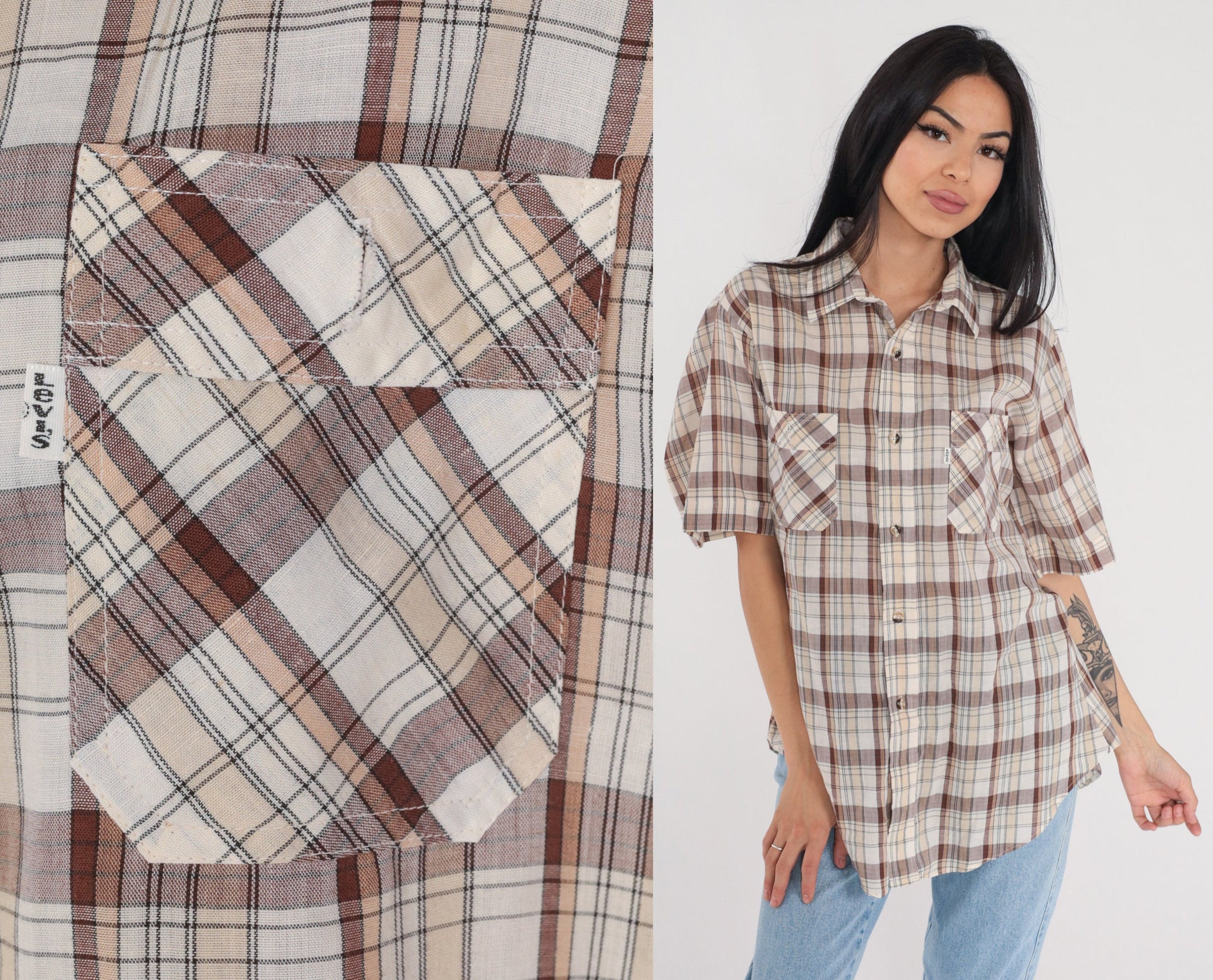 90s Levi's Plaid Button-Up Shirt Brown White Checkered Short Sleeve Men's Large