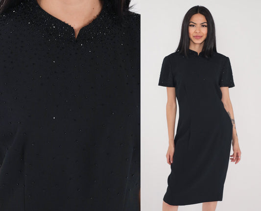 90s Black Beaded Sheath Dress High Neck Short Sleeve Knee Length Medium 8