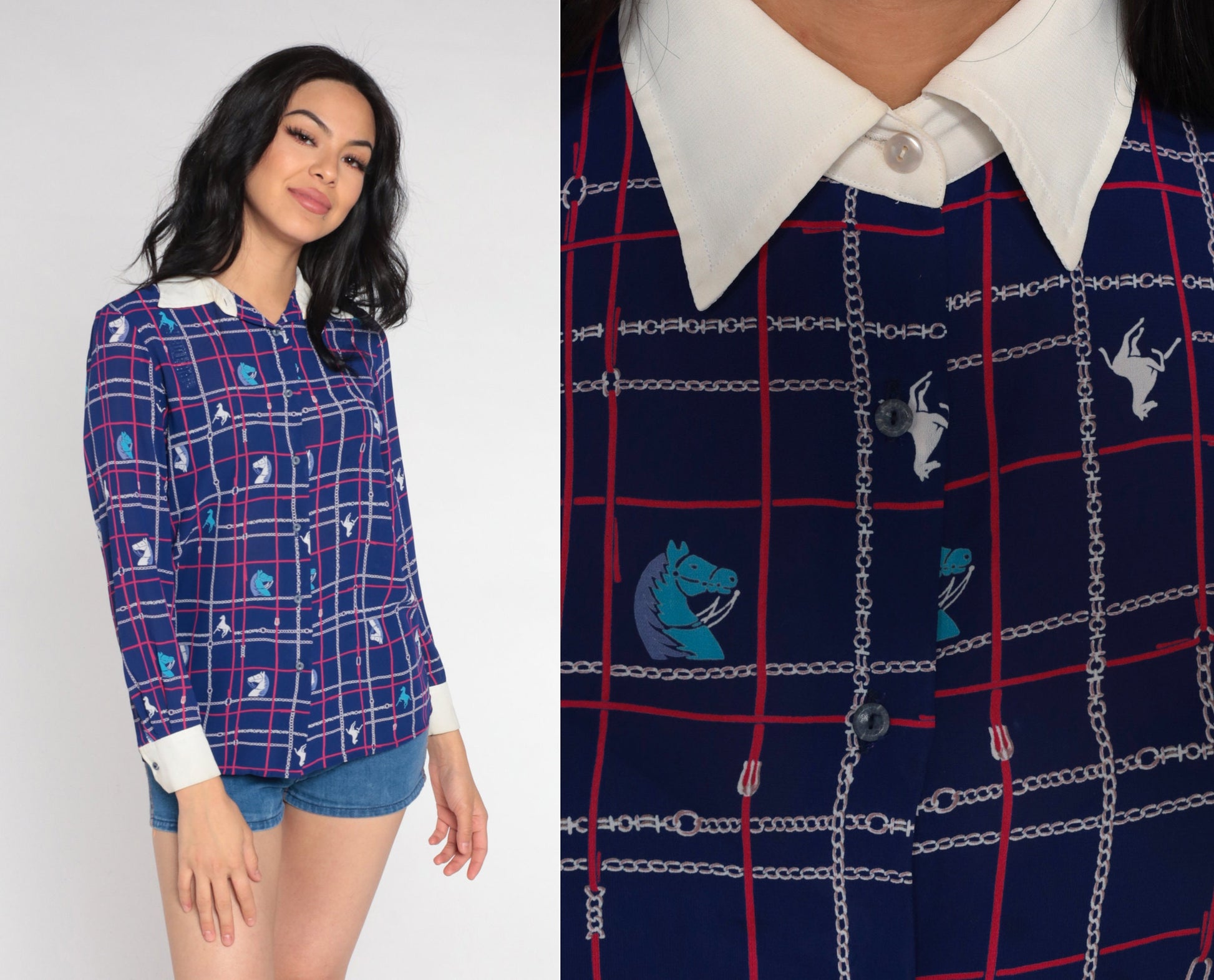 80s Navy Horse Print Button-Up Blouse White Collar Long Sleeve Small