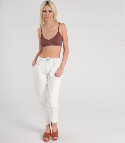 80s Pleated White Denim Jeans High Waist Tapered Cotton Small