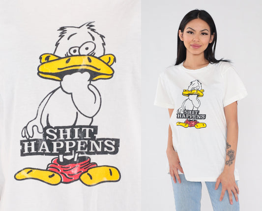 90s Shit Happens Duck Graphic T-Shirt White Single Stitch Medium M