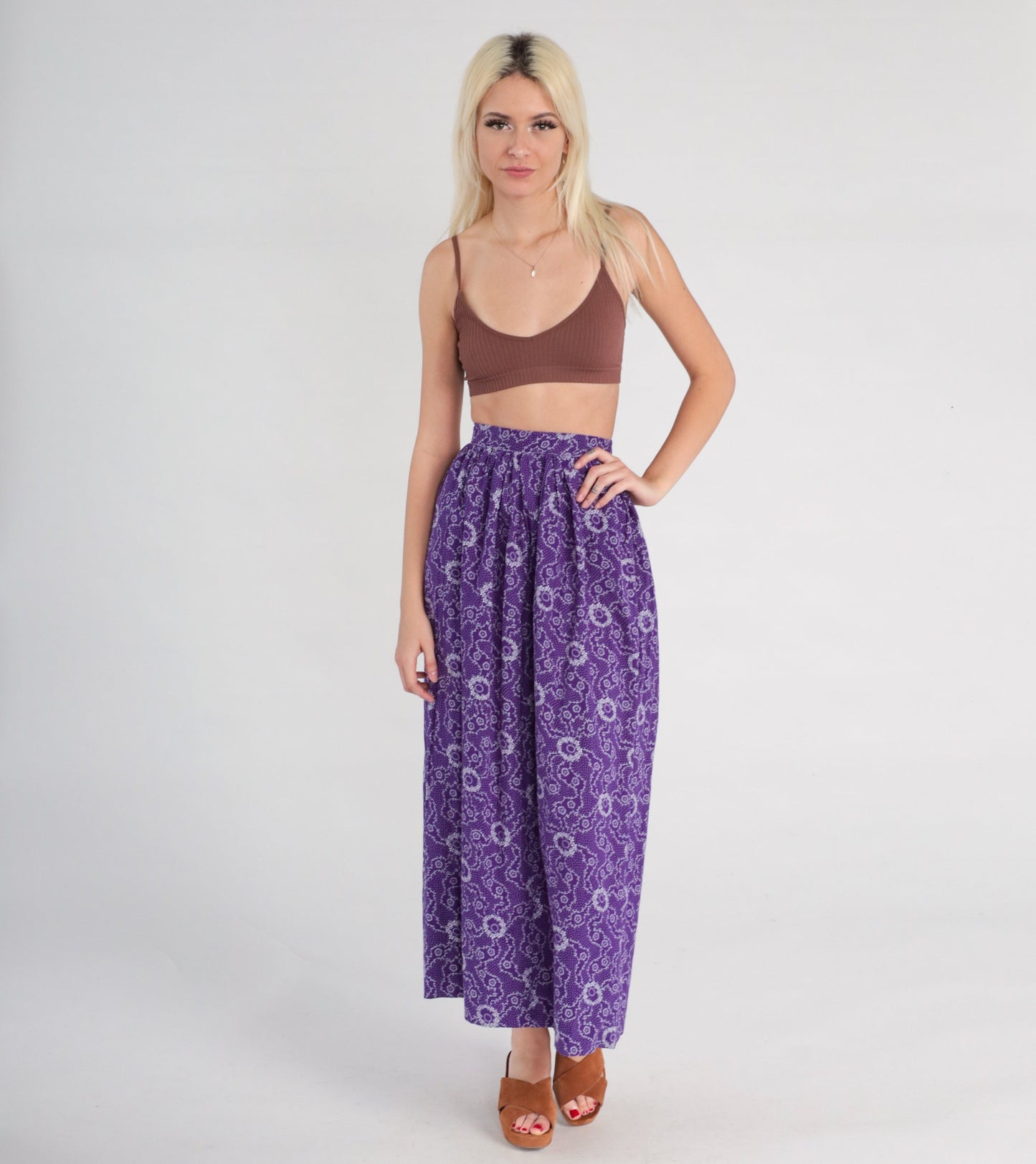 70s Floral Midi Skirt Purple High Waisted Flower Print Ankle Length XXS