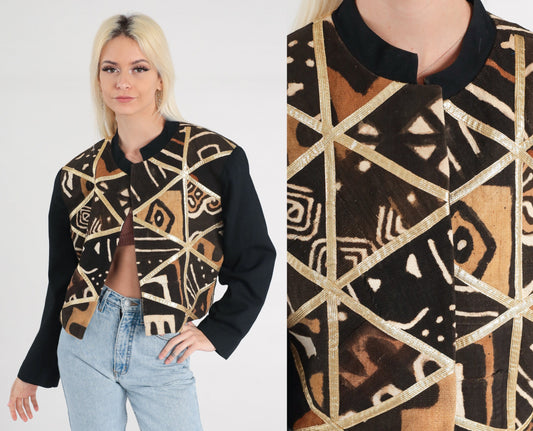 90s Cropped Safari Jacket Patchwork Geometric Black Brown Gold Trim Medium