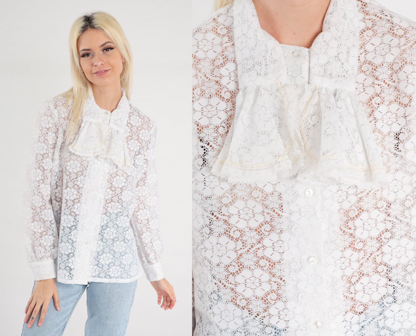 70s White Lace Jabot Blouse Long Sleeve Button Up Tuxedo Shirt Medium