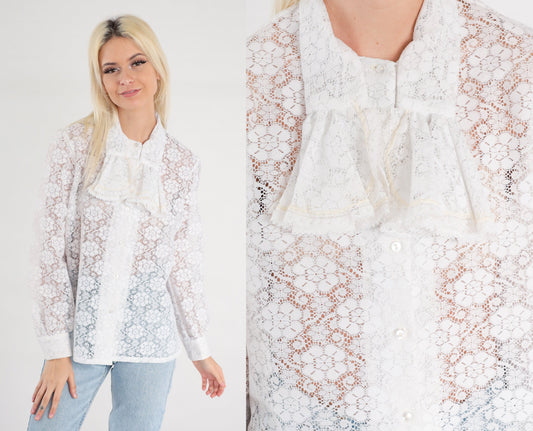 70s White Lace Jabot Blouse Long Sleeve Button Up Tuxedo Shirt Medium