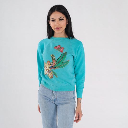90s Glitter Floral Butterfly Sweatshirt Teal Blue Raglan Graphic XS