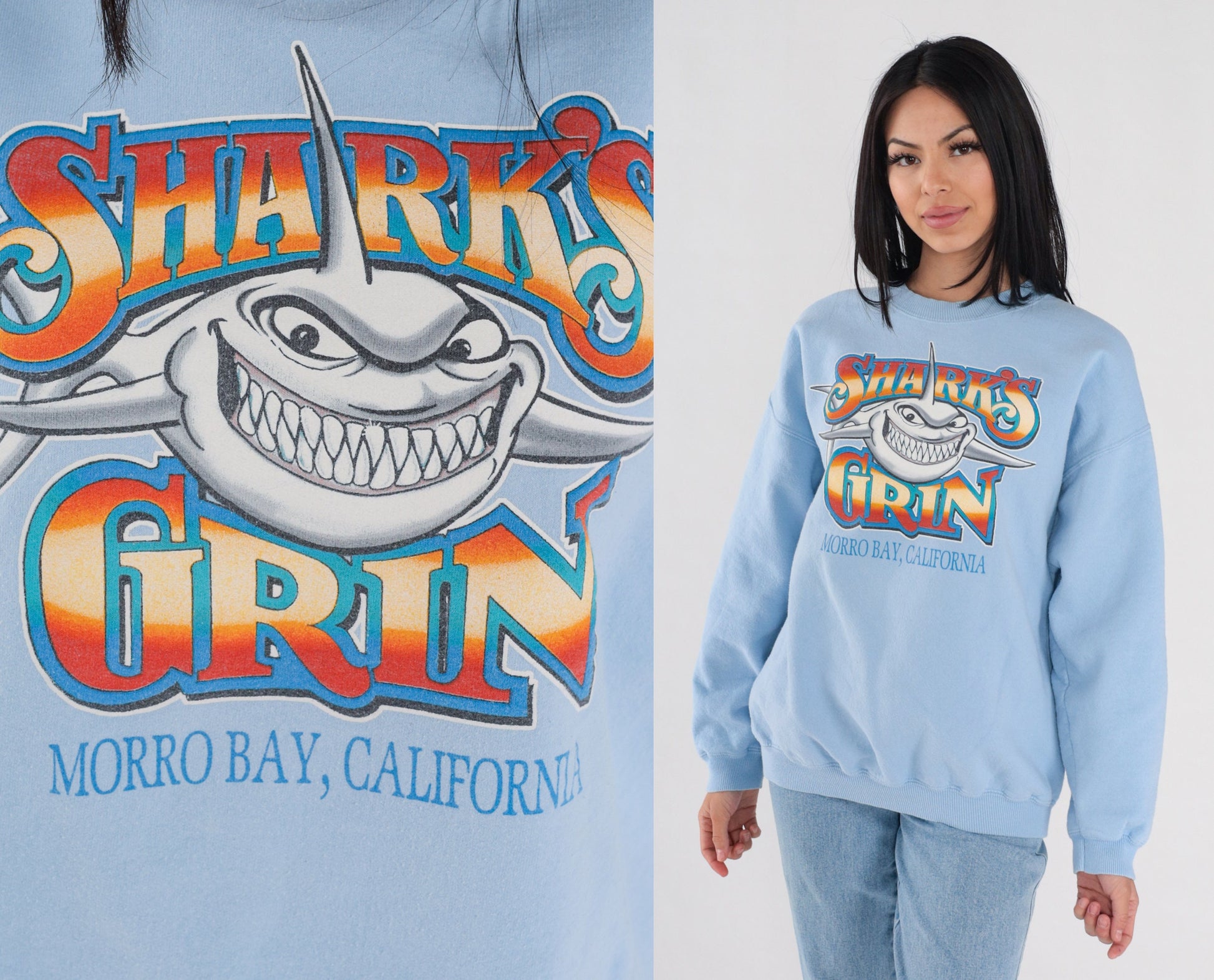90s Shark's Grin Morro Bay California Sweatshirt Blue Graphic Pullover Large L