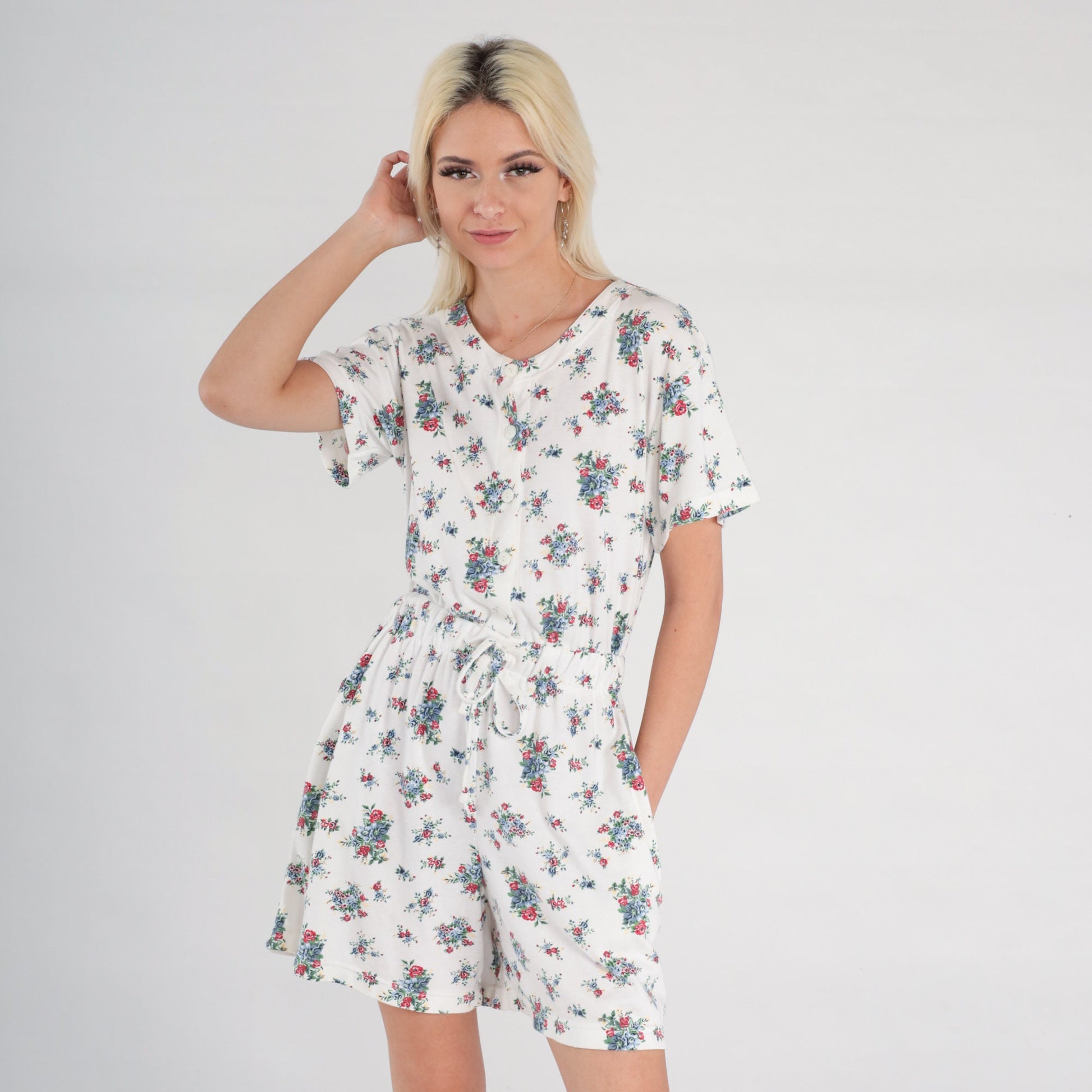 90s White Floral Romper Button-Up Short Sleeve Wide Leg Playsuit Small