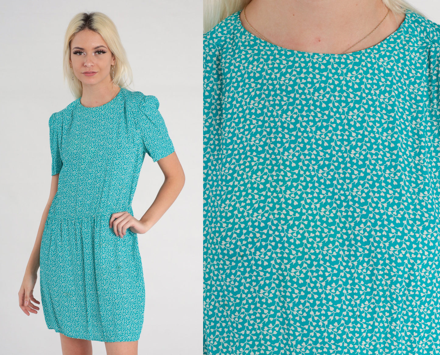 90s Karin Stevens Floral Mini Dress Blue Ditsy Calico Puff Sleeve Small
