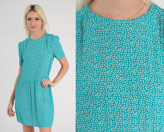 90s Karin Stevens Floral Mini Dress Blue Ditsy Calico Puff Sleeve Small