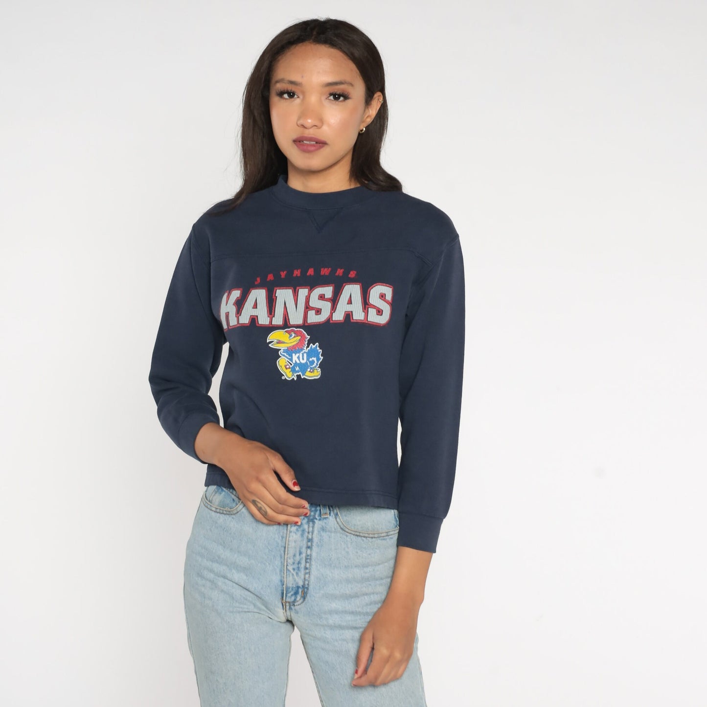 Y2K Kansas Jayhawks NCAA Football Sweatshirt Navy Crewneck Extra Small