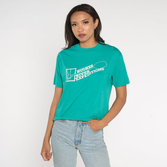 90s Hughes River Expeditions Graphic Tee Stanley Idaho Green Small