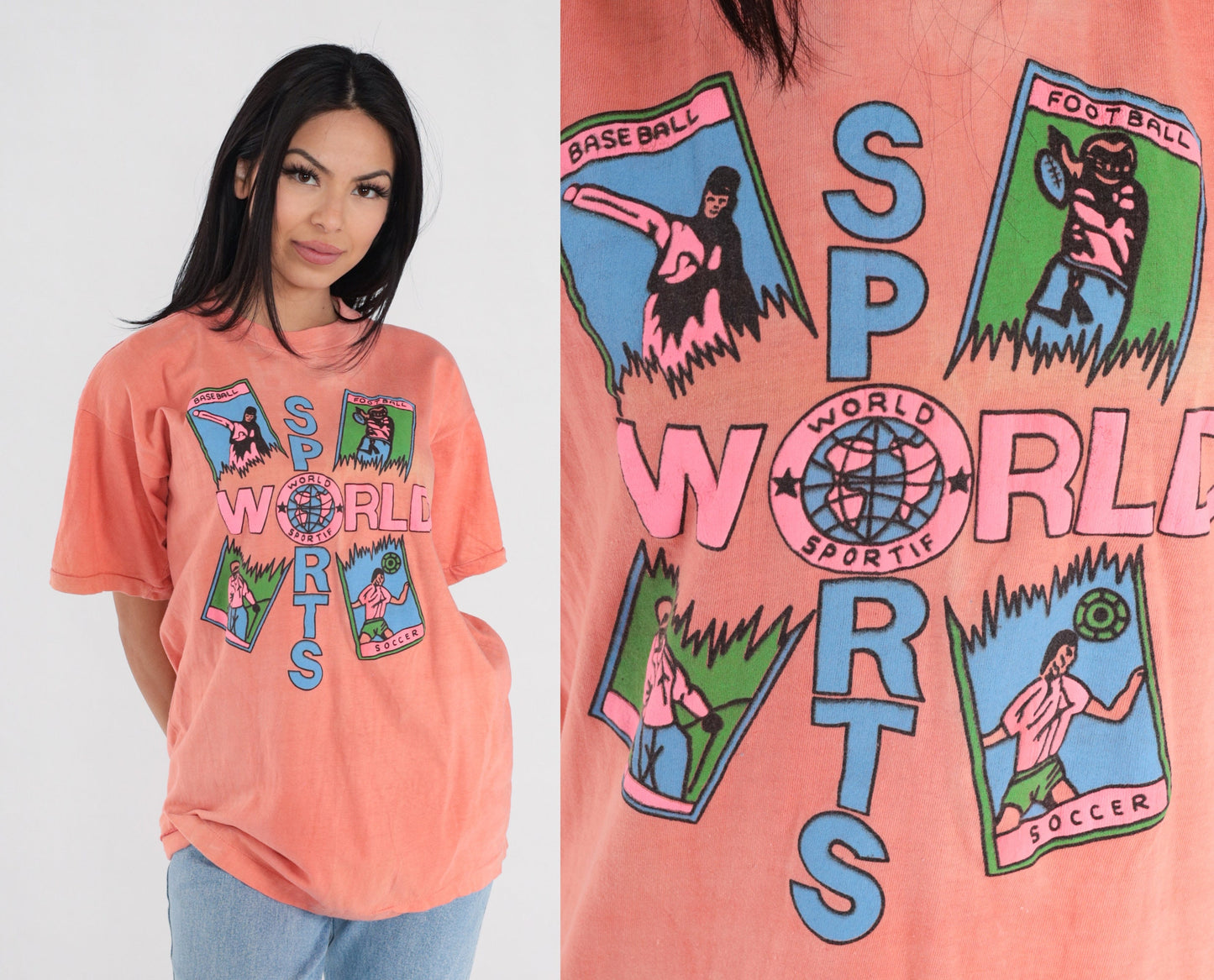 90s World Sportif French Graphic T-Shirt Peach Cotton Single Stitch Medium