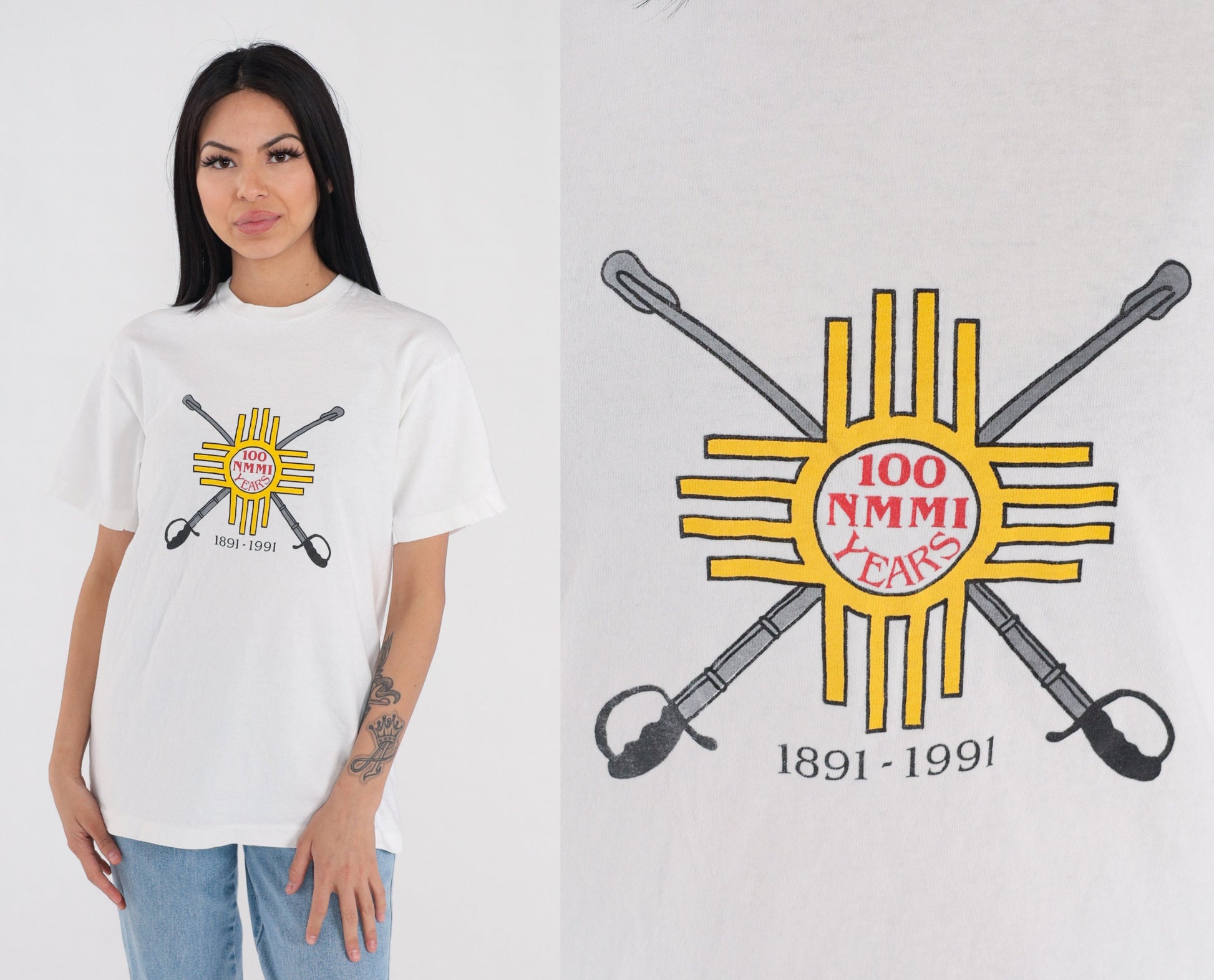90s New Mexico Military Institute Graphic Tee White Single Stitch Medium M