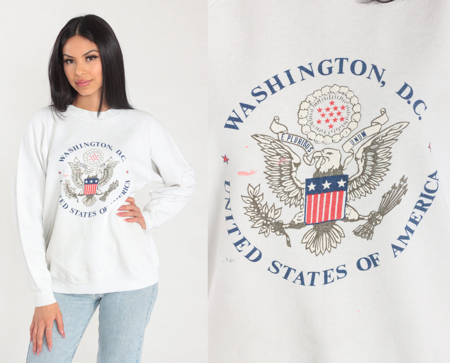 90s Washington DC Eagle Crest Raglan Sweatshirt White Graphic Medium