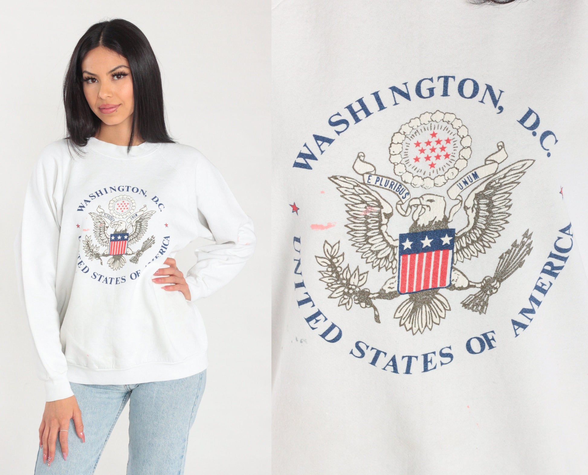 90s Washington DC Eagle Crest Raglan Sweatshirt White Graphic Medium