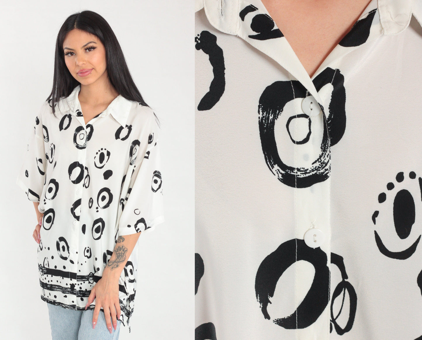 90s Abstract Ring Print Button-Up Blouse White Black Short Sleeve Extra Large