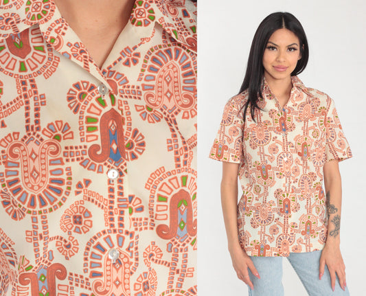 70s Abstract Geometric Print Button-Up Blouse Off-White Dagger Collar Small