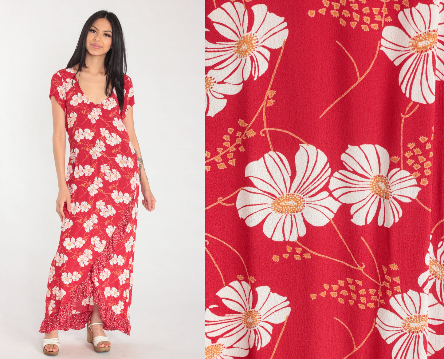 90s Red Floral Maxi Dress White Poppy Print Ruffled V-Neck Short Sleeve Small