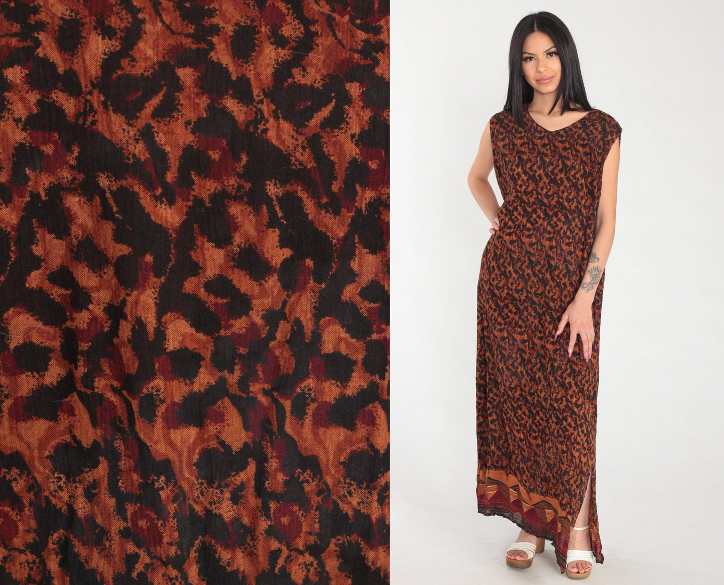 90s Karin Stevens Maxi Dress Sleeveless Orange Black Abstract Animal Print Large