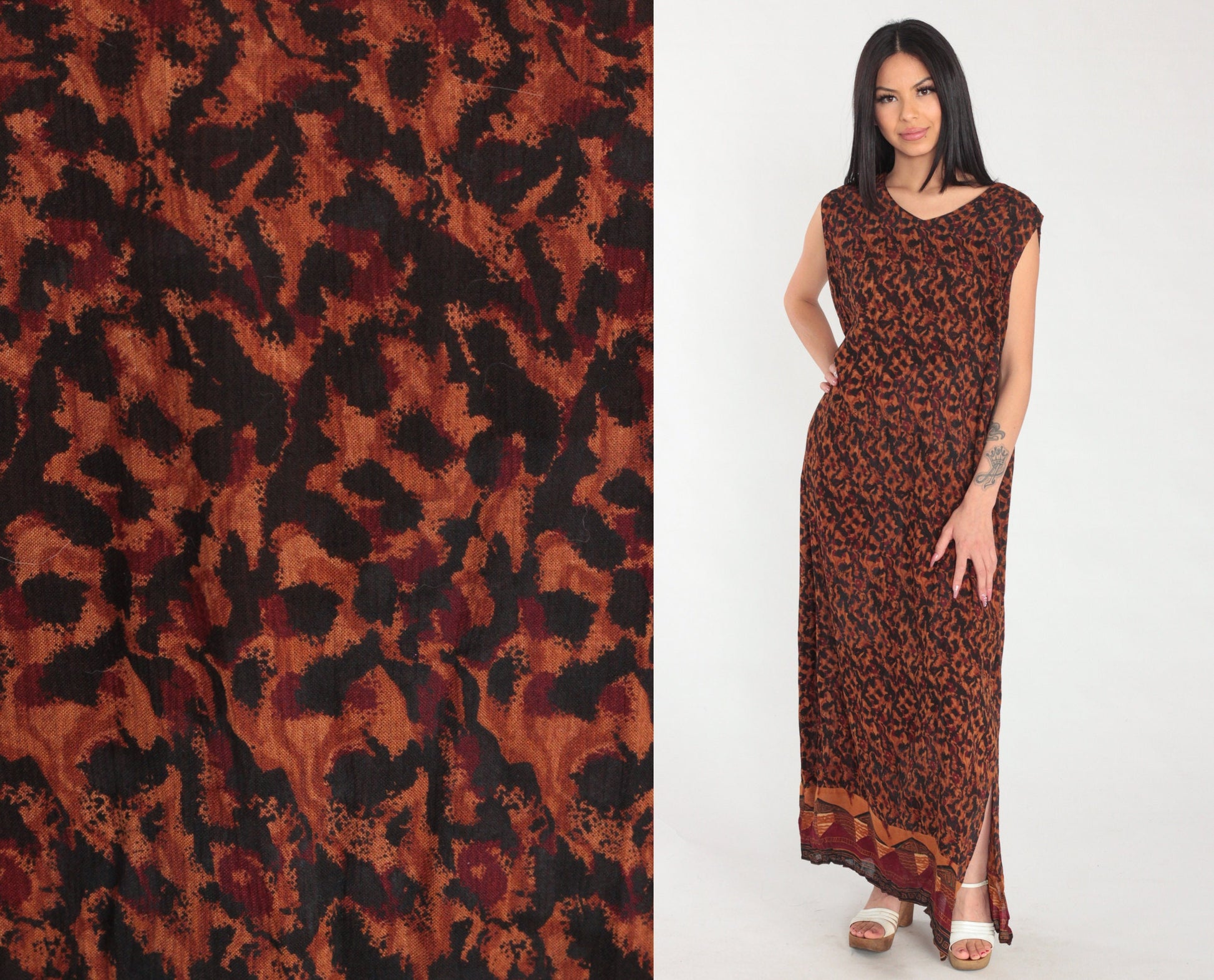 90s Karin Stevens Maxi Dress Sleeveless Orange Black Abstract Animal Print Large