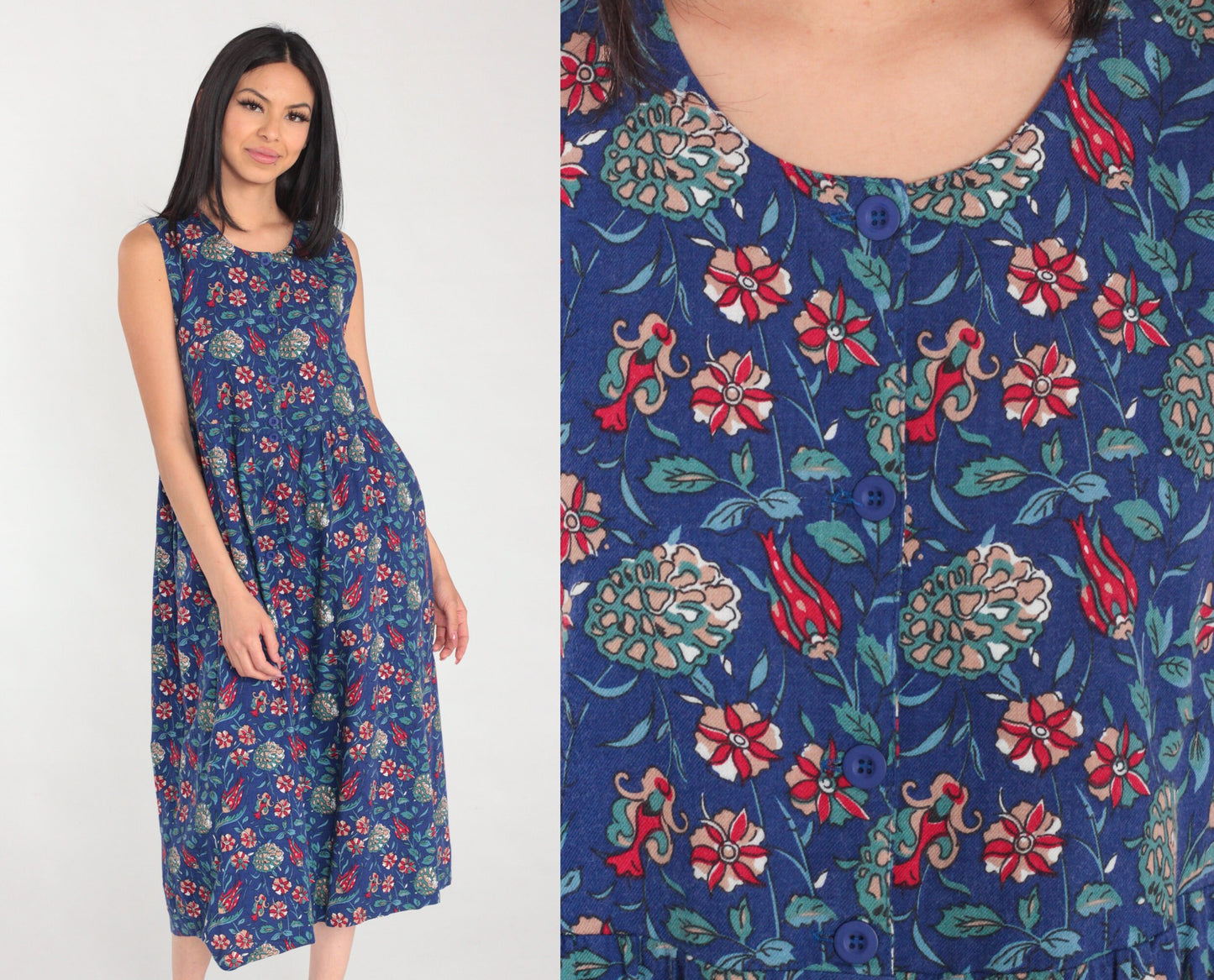 90s Laura Ashley Blue Floral Midi Dress Cotton Wool Blend Sleeveless Small S