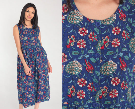 90s Laura Ashley Blue Floral Midi Dress Cotton Wool Blend Sleeveless Small S