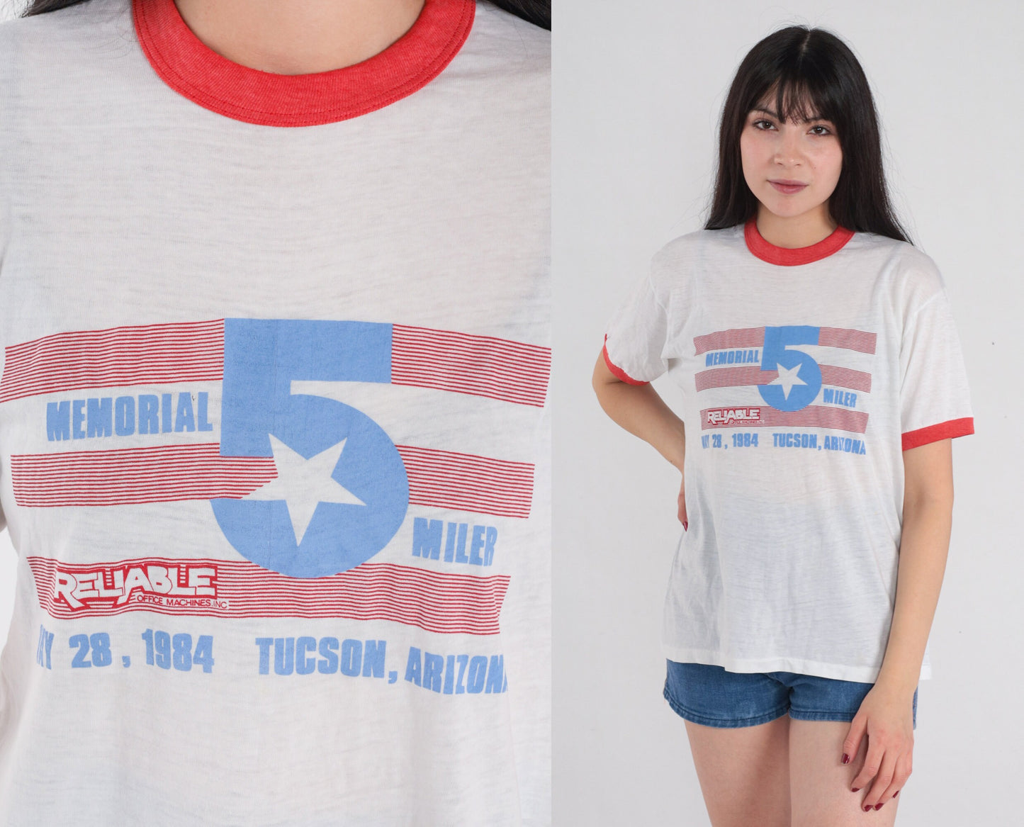 1984 Memorial 5 Miler Ringer T-Shirt Tucson Arizona Charity Run Graphic Tee Large