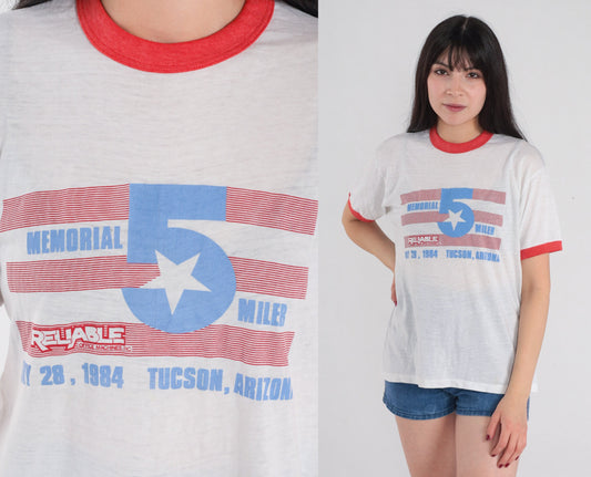 1984 Memorial 5 Miler Ringer T-Shirt Tucson Arizona Charity Run Graphic Tee Large