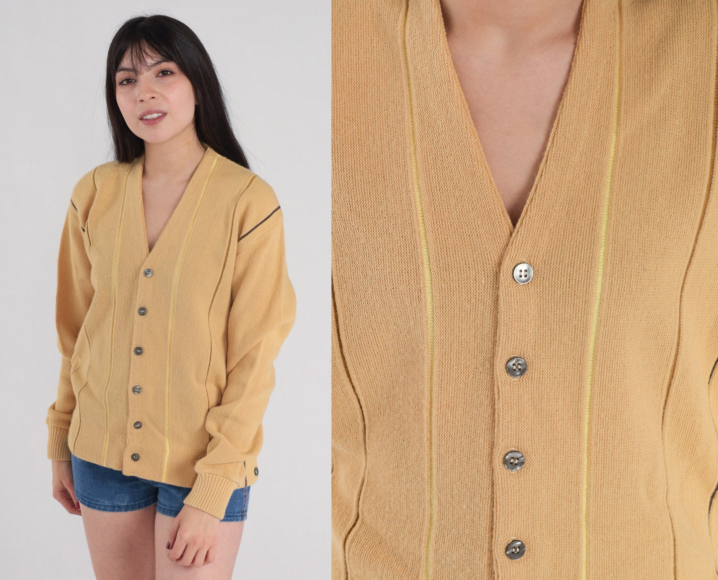 80s Striped Tan Cardigan Button-Up Knit Sweater Medium