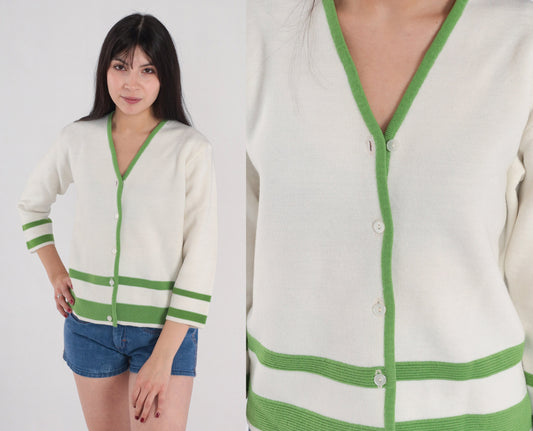 70s Wool Cardigan White Green Striped V-Neck Button-Up Knit Small S
