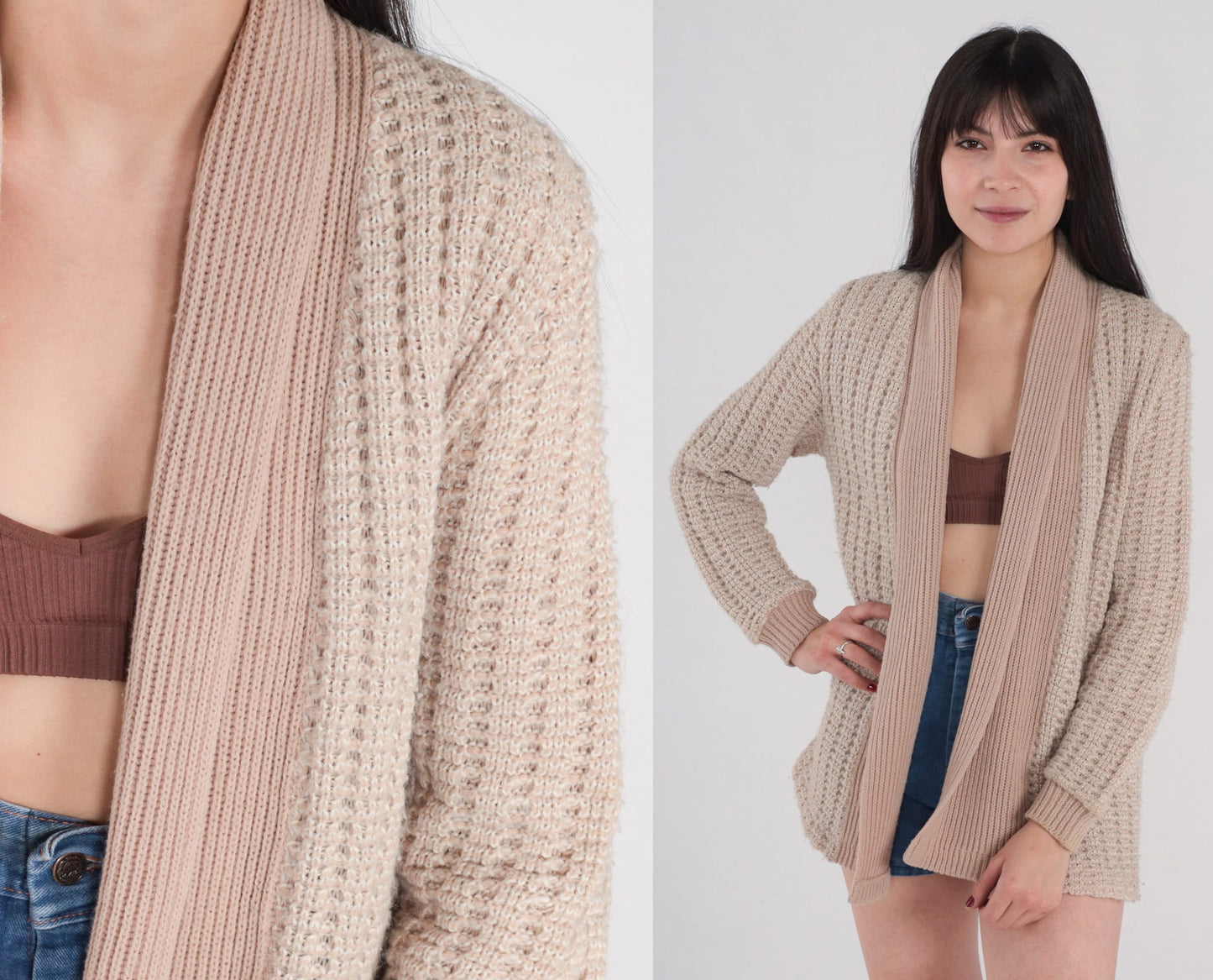 70s Light Brown Knit Cardigan Open Front Sweater Small S