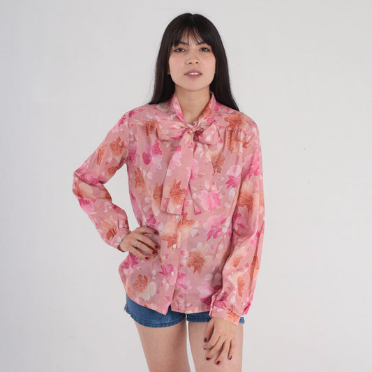 70s Pink Floral Ascot Blouse Button-Up Long Sleeve Neck Tie Shirt Medium