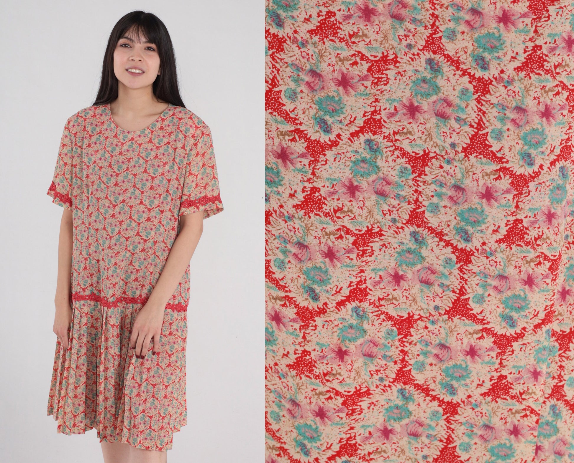00s Red Floral Mini Dress Drop Waist Pleated Short Sleeve Lace Trim Large