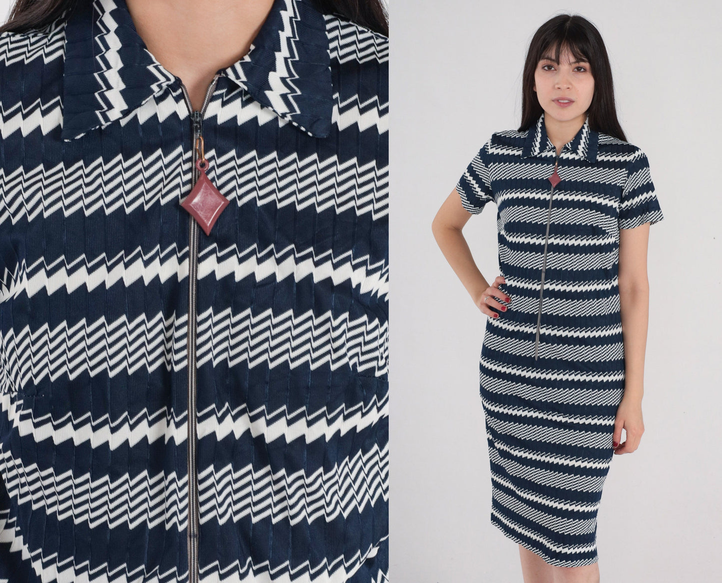 1960s Mod Dress Navy Blue White Geometric Striped Zip Front Knee Length Small