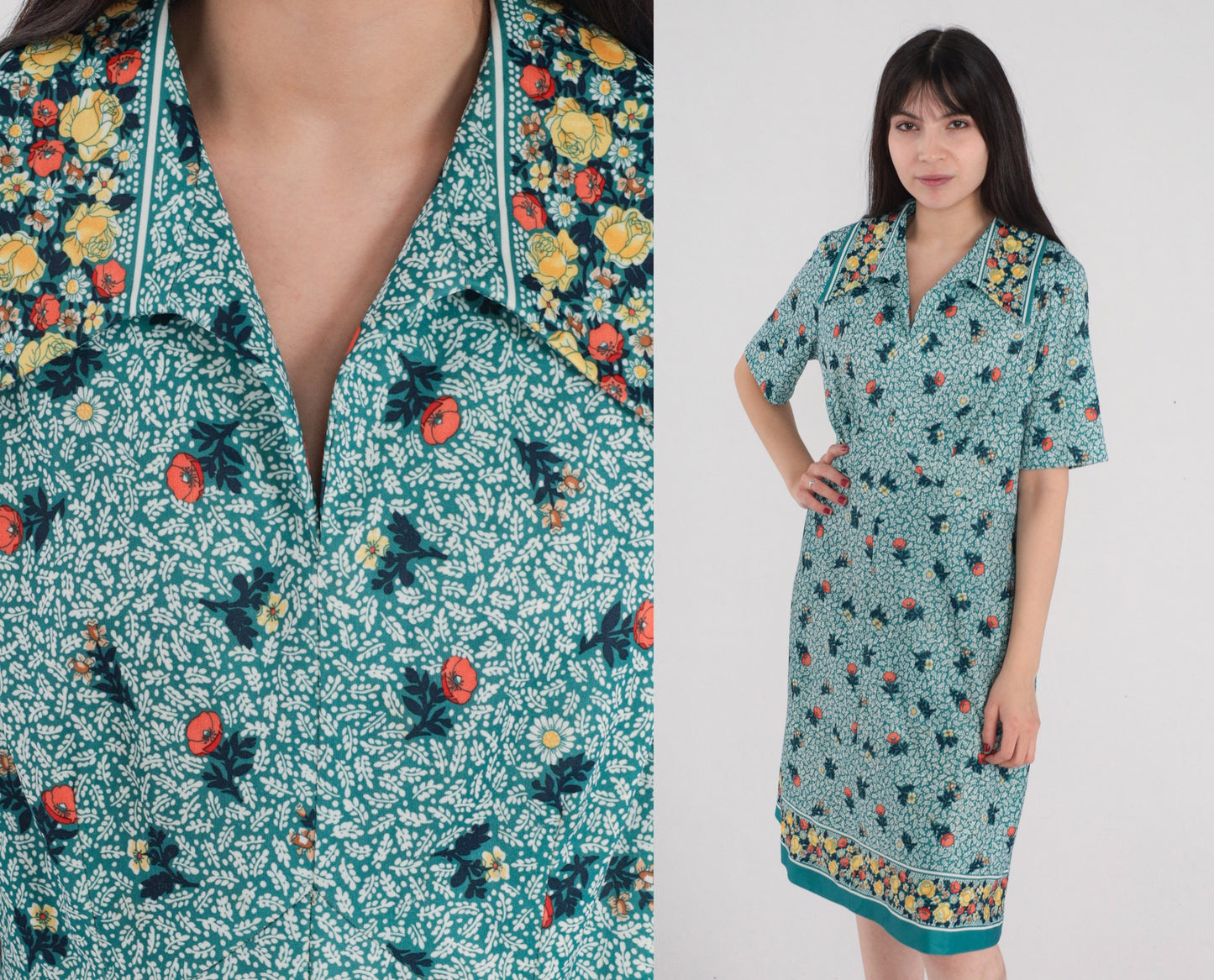 70s Green Floral Mini Dress Collared Shift Short Sleeve V Neck Medium