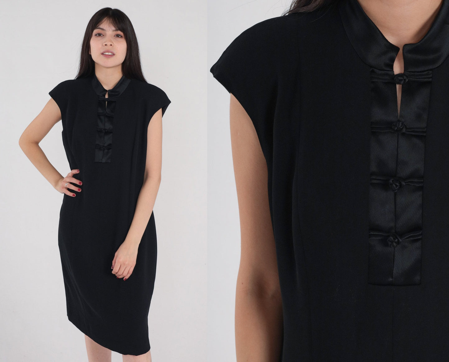 Y2K Jones New York Black Mandarin Collar Mini Dress Cap Sleeve Large 12