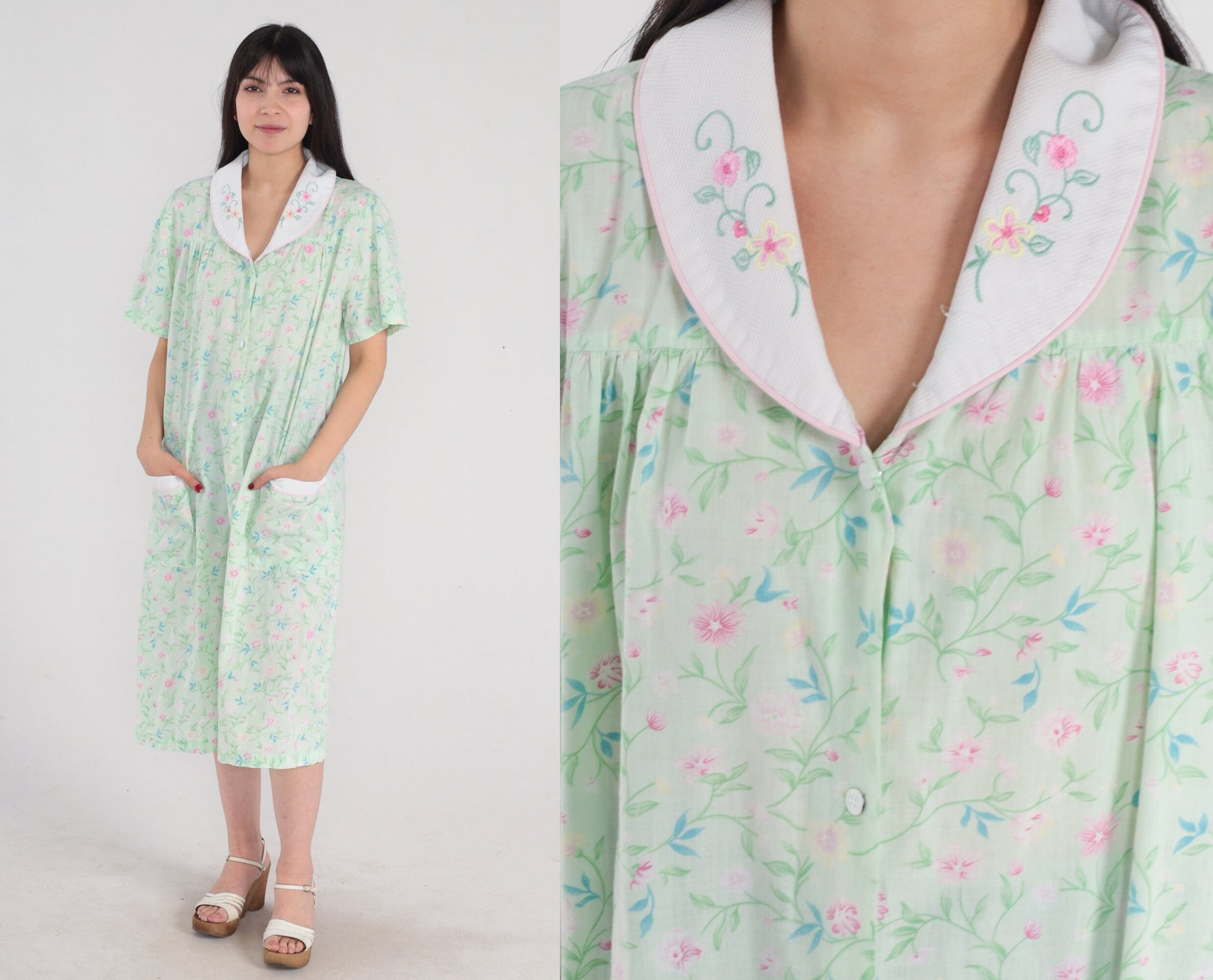 70s Floral Embroidered Nightgown Green Midi Snap Button Pajama Dress Medium