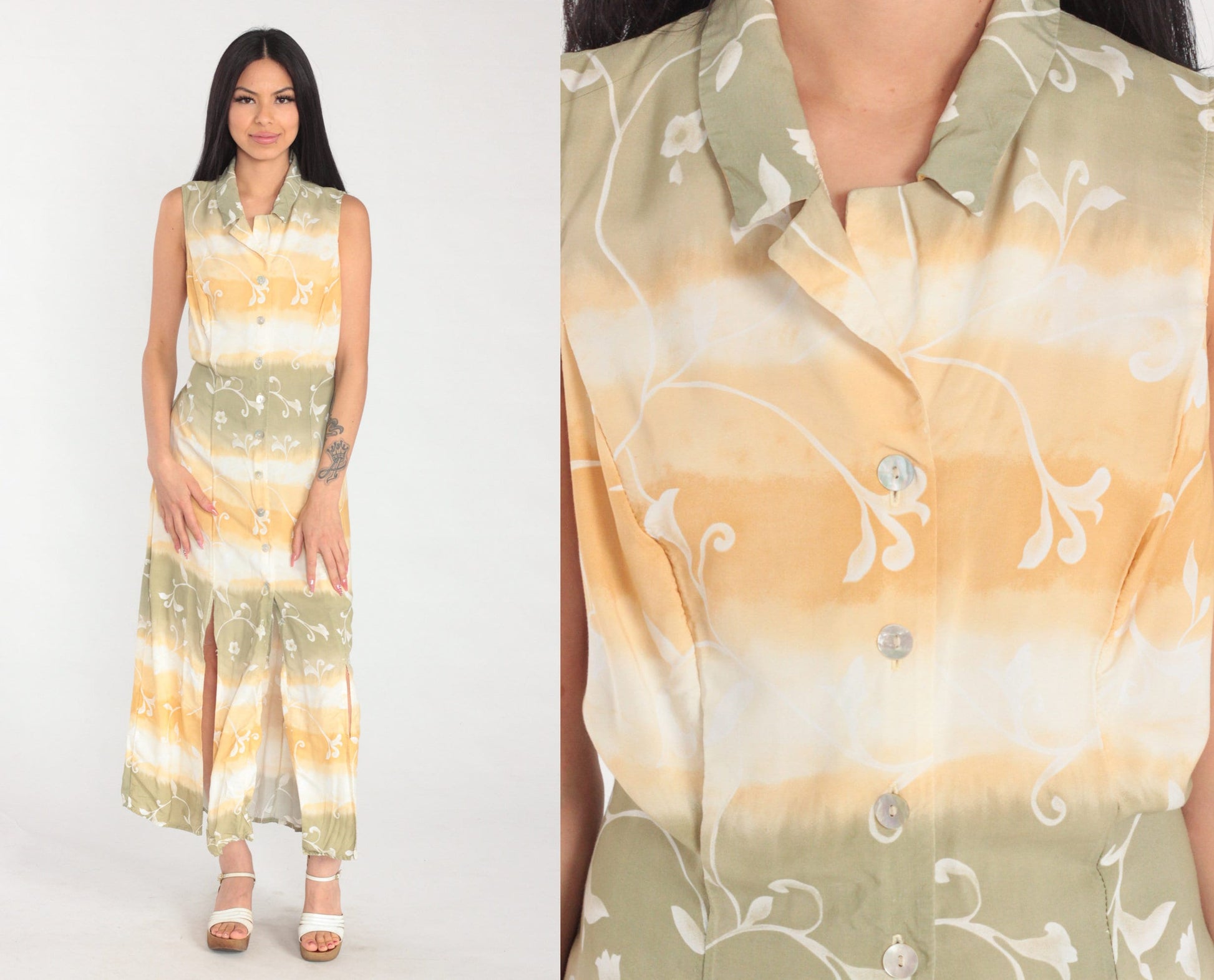 Y2K Tie-Dye Floral Maxi Shirtdress Sleeveless Button-Up Front Slit White Orange Green Medium