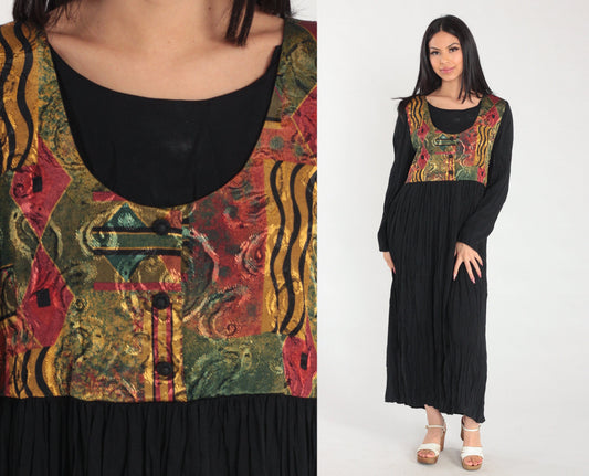 90s Black Maxi Dress with Abstract Print Attached Vest Long Sleeve Large