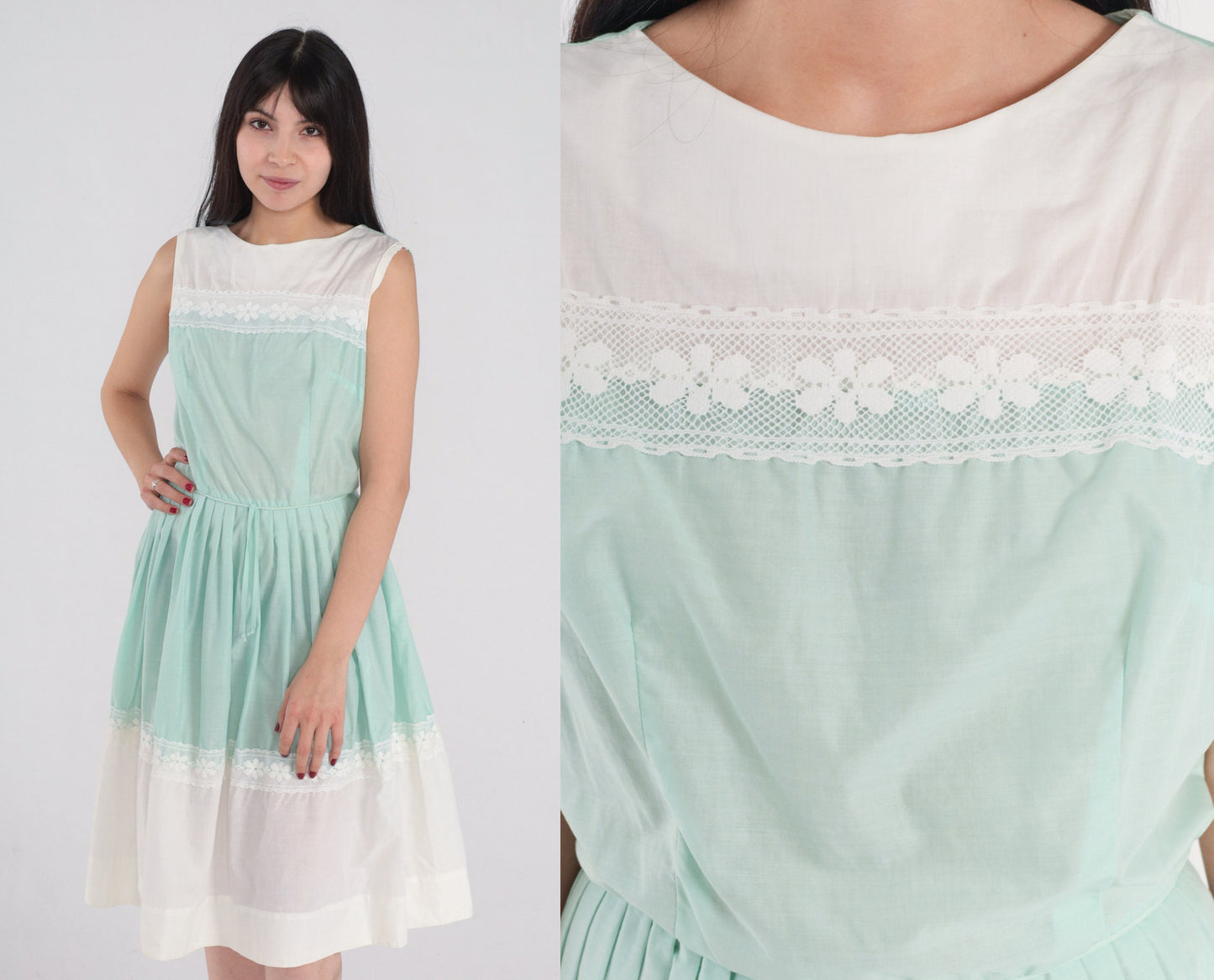 1960s White Green Lace Trim Sleeveless Dress Tie Belt Pleated Knee Length Small