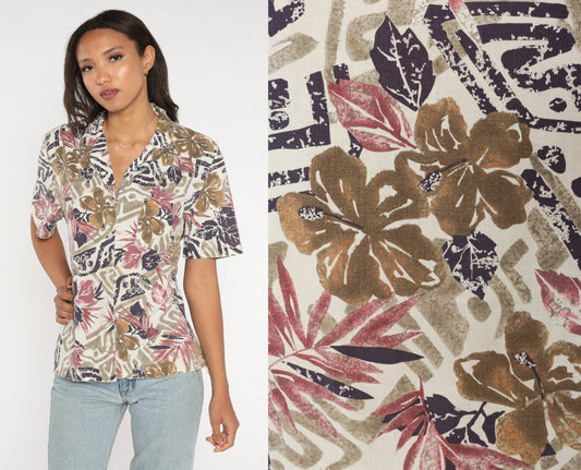 80s Tropical Floral Button-Up Blouse Off-White Purple Short Sleeve Cotton Large