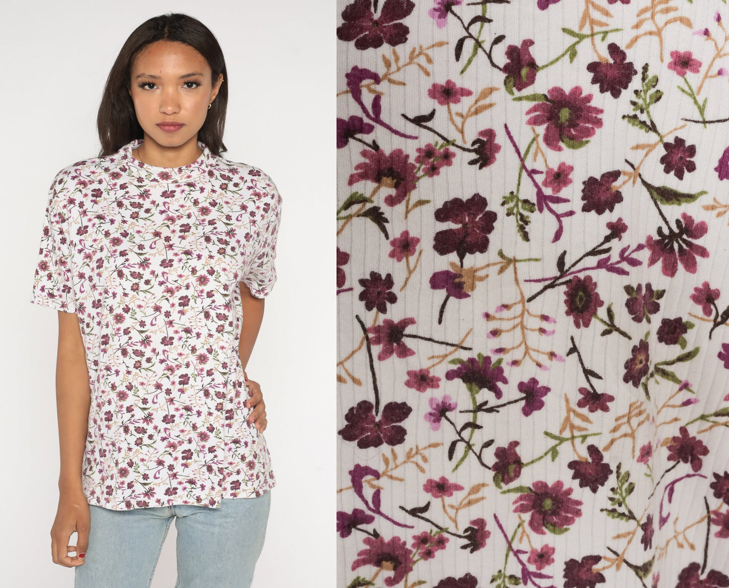 90s Floral T-Shirt White Purple Graphic Ribbed Fold-Over Collar Extra Large XXL