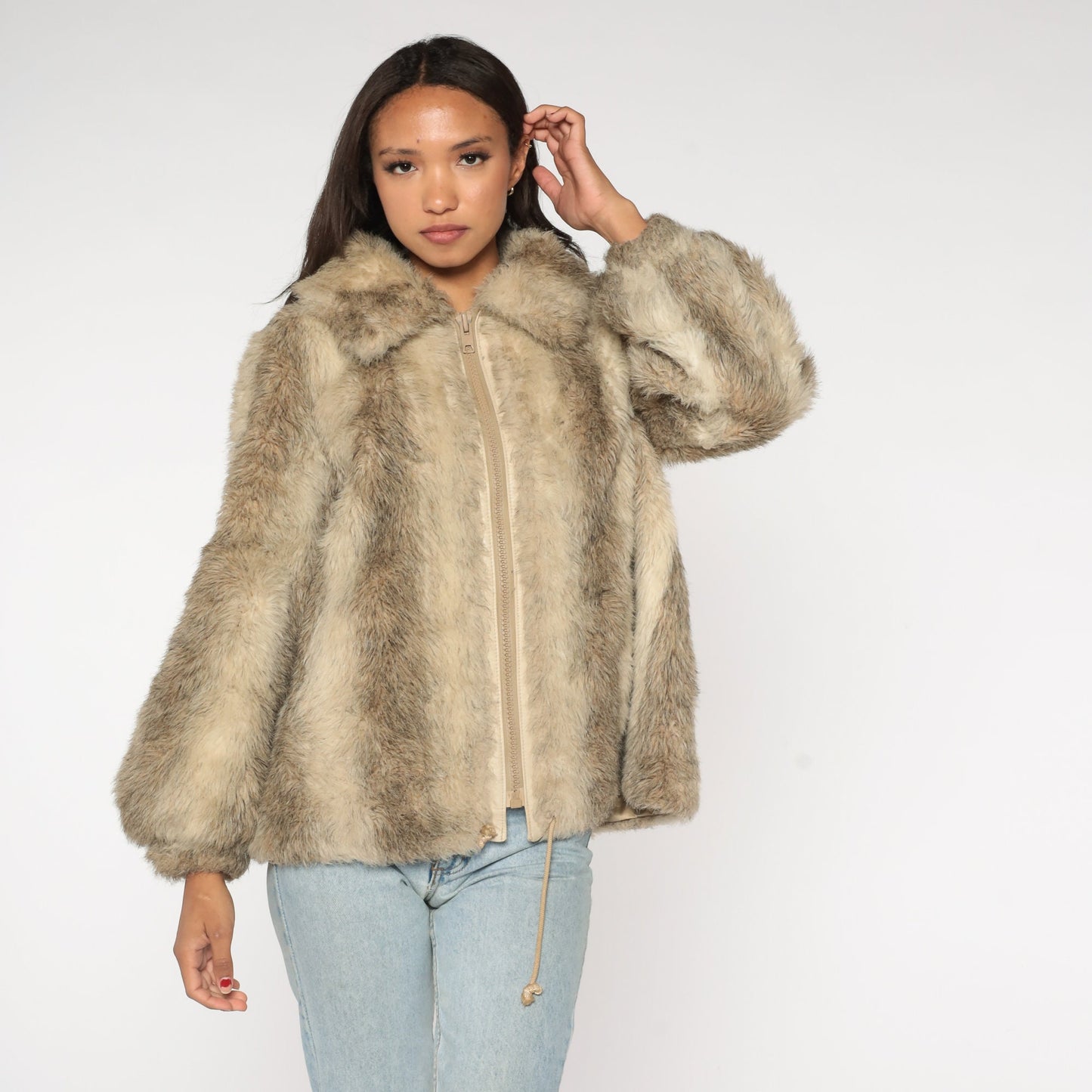70s Striped Faux Fur Coat Taupe Cream Satin Lined Winter Jacket Medium