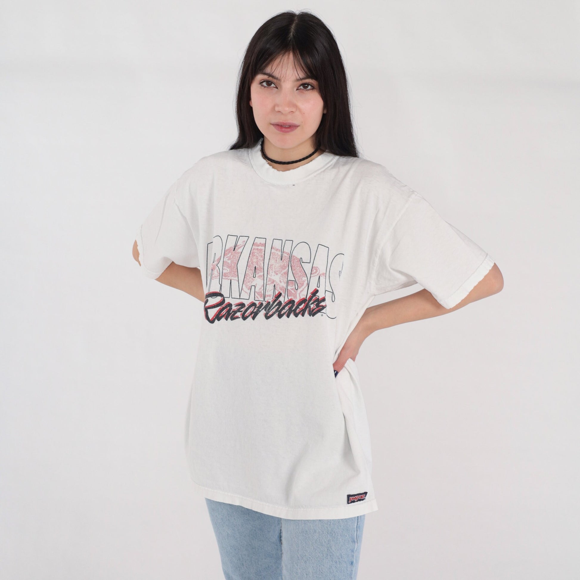 90s Arkansas Razorbacks Football Graphic T-Shirt White Cotton Large L