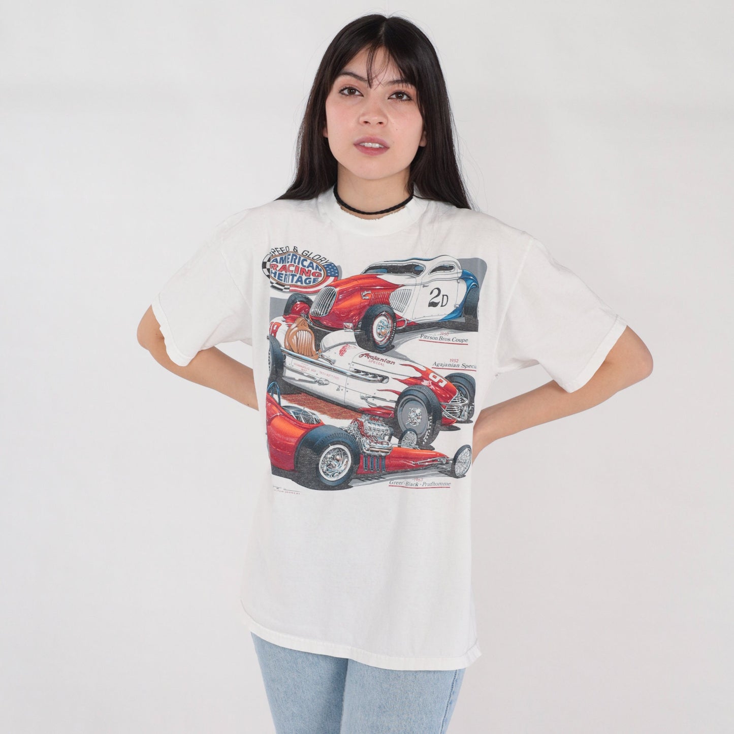 80s American Racing Racecar Graphic T-Shirt White Cotton Tee Medium