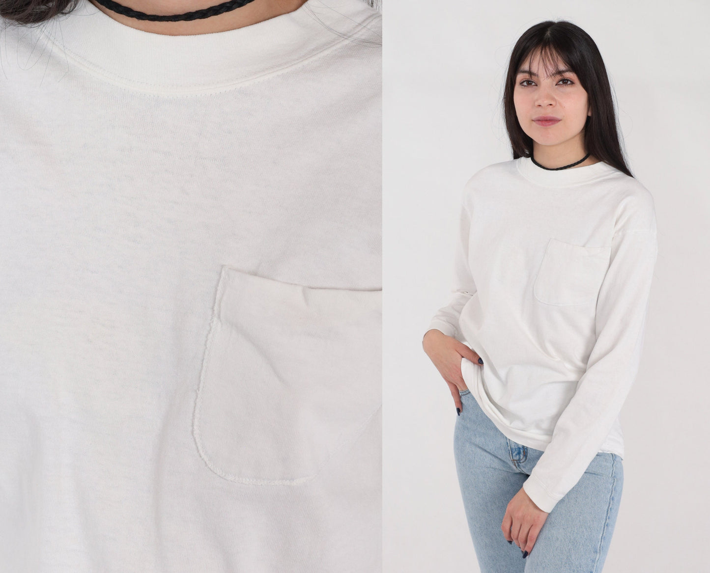 90s Plain White Cotton Long Sleeve Pocket Tee Crewneck Medium M